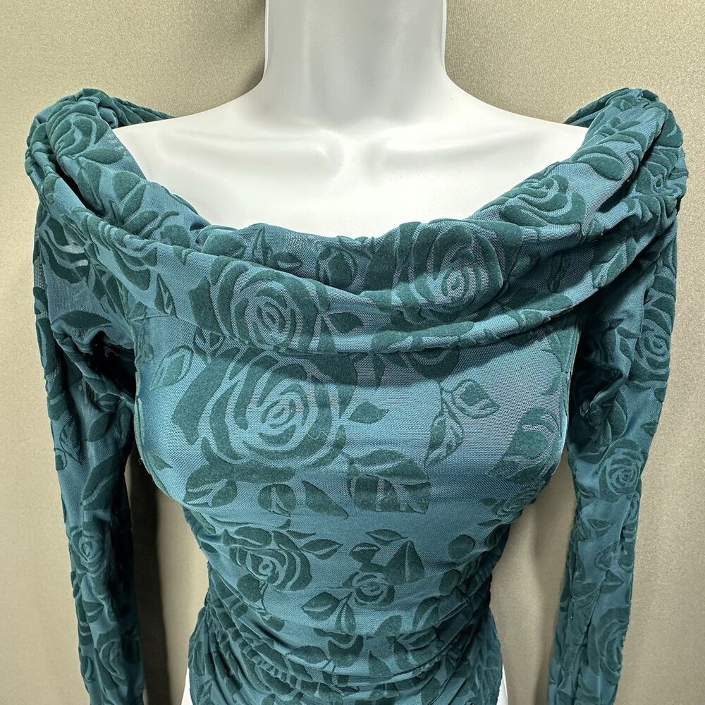 Y2K Floral Velvet Burnout Top Size XS Teal Cropped Ruched Vamp Witchy Charmed